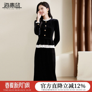 海青蓝赫本风黑色金丝绒连衣裙女秋冬新款法式洋气减龄假两件裙子