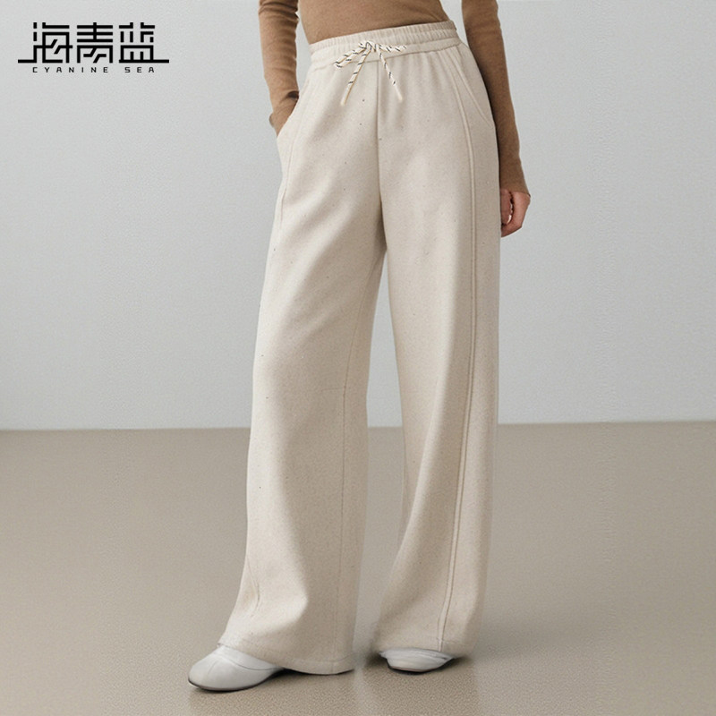 海青蓝宽松慵懒风休闲垂感阔腿裤女2026秋冬加绒烫钻显瘦直筒长裤