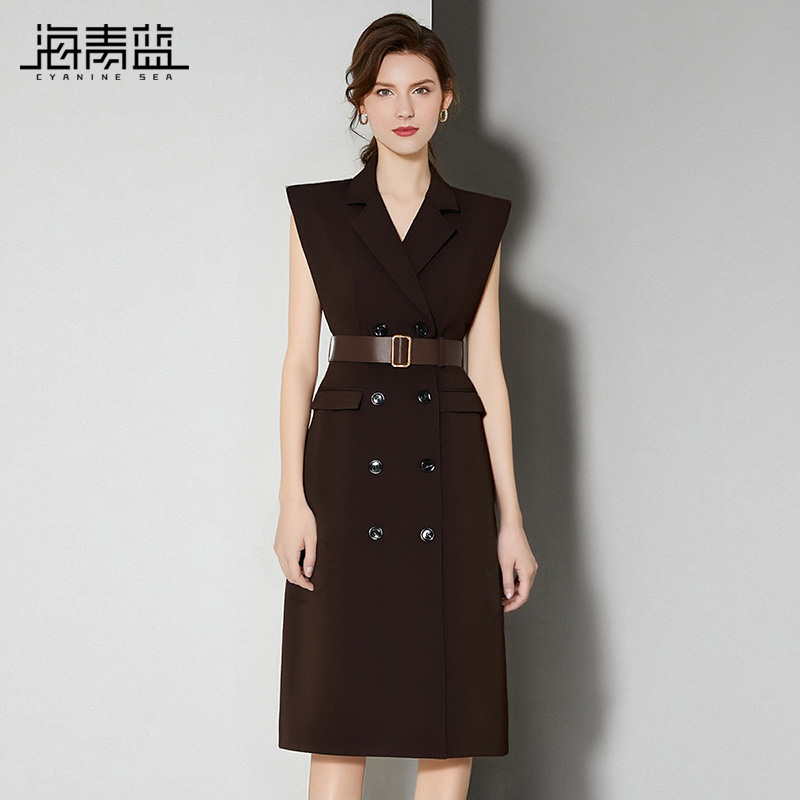 海青蓝裙子无袖连衣裙