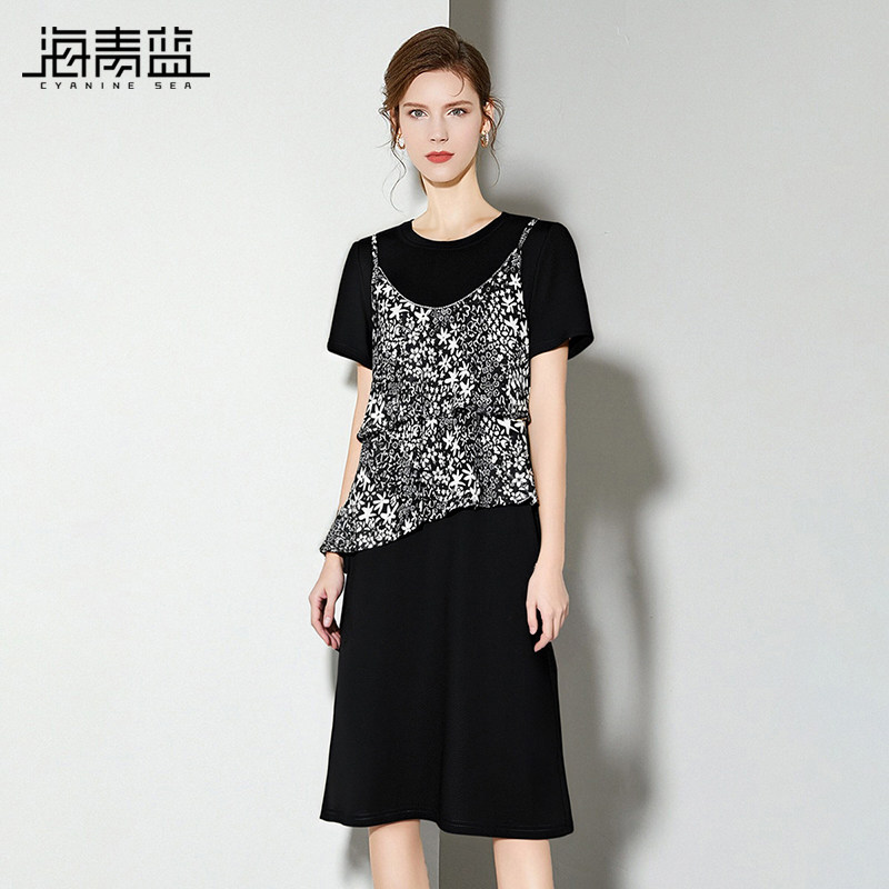 海青蓝 套装短袖连衣裙女夏2025新款女装印花小吊带中长款裙子