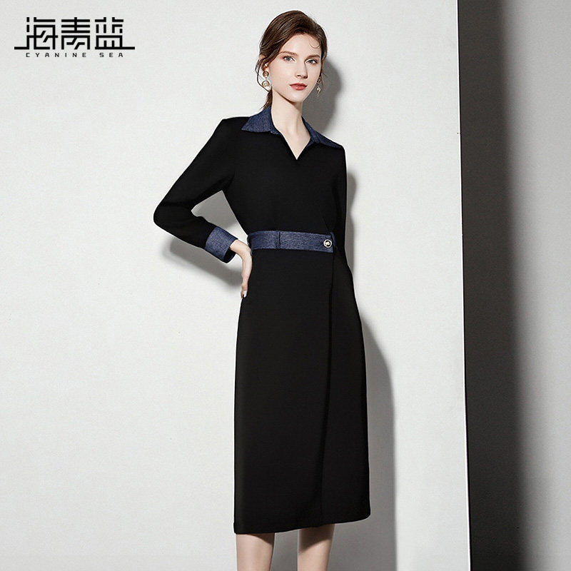 海青蓝 连衣裙秋冬女2026年新款设计感小众长袖高级感中长款裙子