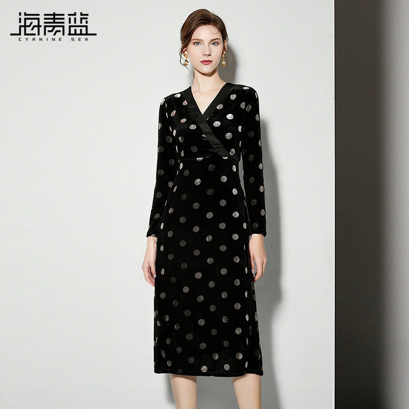 海青蓝 波点丝绒连衣裙女2026年新款时尚气质长袖春款女装V领裙子
