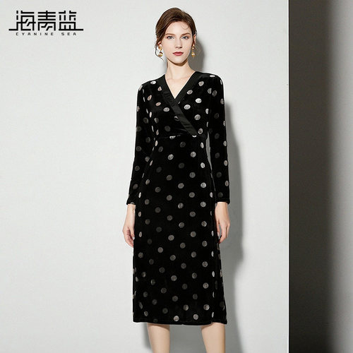 海青蓝波点丝绒连衣裙女