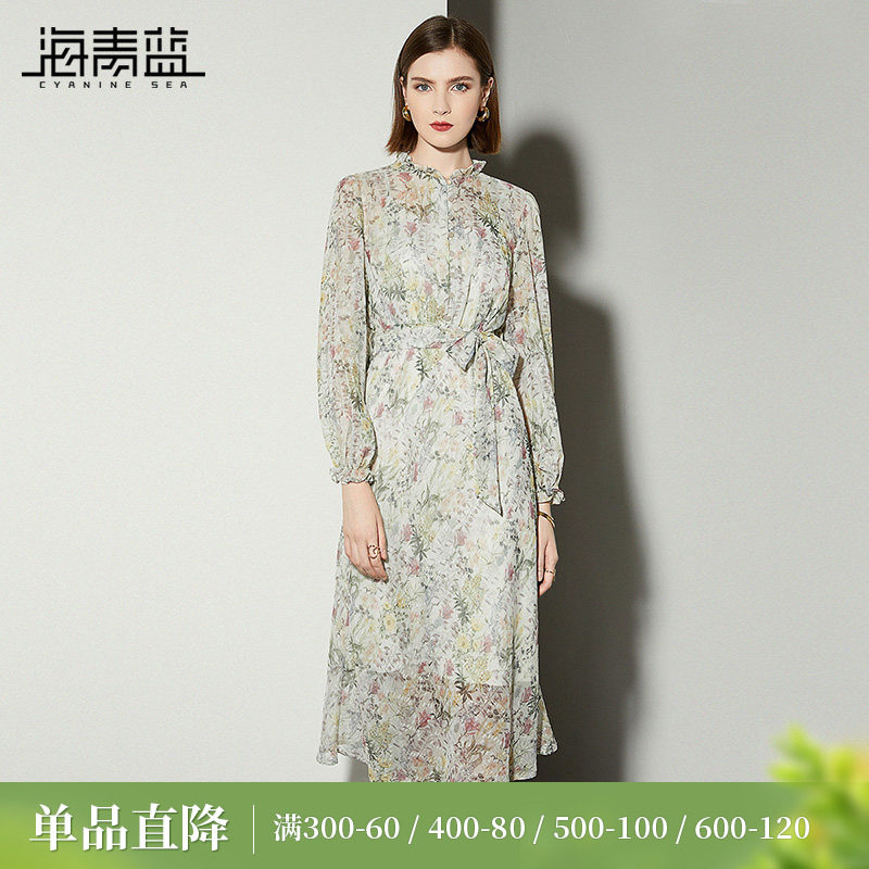 海青蓝气质优雅碎花连衣裙女2026年新款春装印花减龄洋气中长裙子