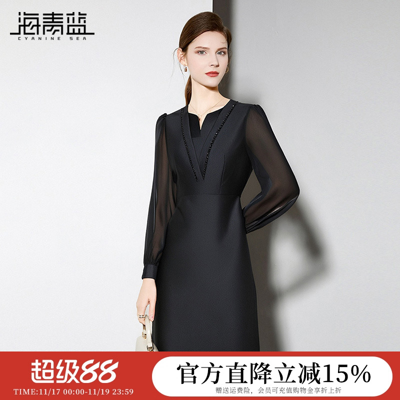 海青蓝秋冬长袖连衣裙