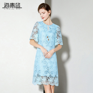 高级时尚 海青蓝 夏季 蕾丝镂空连衣裙女装 气质海边度假裙 25年新款