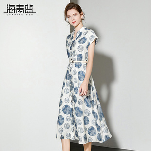 女装 海青蓝 中长款 连衣裙夏女2025新款 裙子 高级好看度假海边无袖