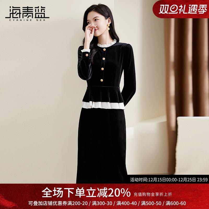 海青蓝洋气减龄金丝绒法式裙子