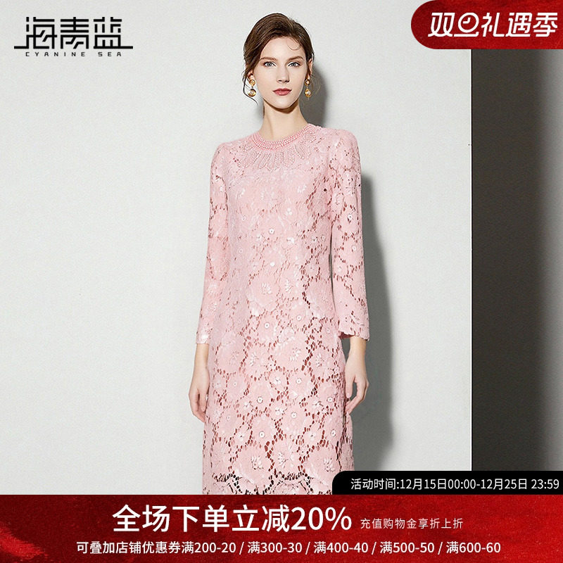 海青蓝 蕾丝镂空连衣裙2025年新款长袖秋冬女装中长款女士裙子