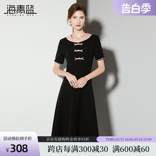 显瘦黑色裙子女 新款 气质修身 海青蓝新中式 国风盘扣连衣裙2024夏季