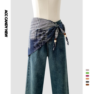 复古民族风三角丝巾绑带屁帘女春夏韩系时尚千鸟格叠穿装饰牛仔裤