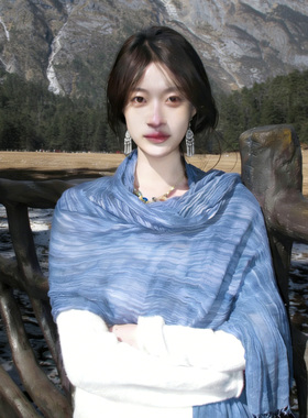民族风蓝色棉麻围巾女春秋复古文艺旅游拍照氛围感薄款披肩系脖