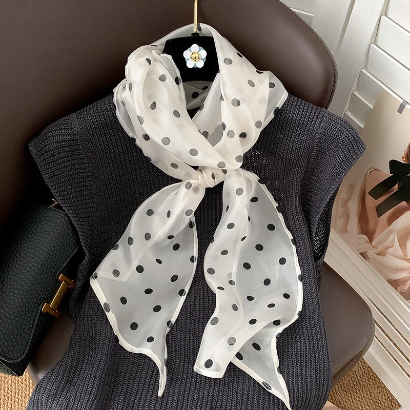 韩系长条白色波点丝巾系脖发带女2025新款高级感百搭气质领巾围巾