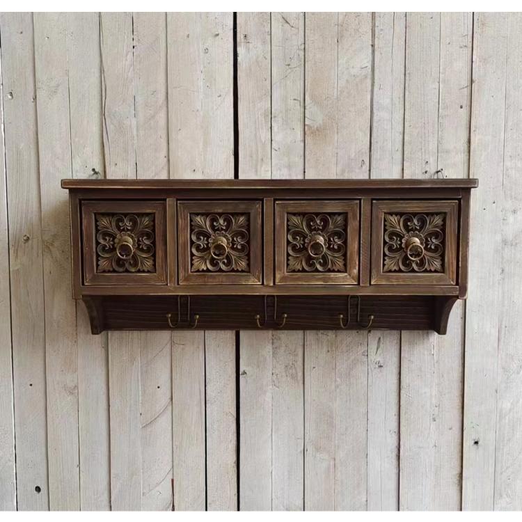 Zakka复古做旧墙面实木置物架浮雕抽屉壁柜吊柜园艺储物柜收纳柜
