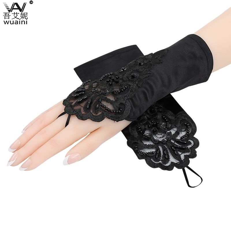 缎面婚纱弹力蕾丝新娘露指风格欧美短款手套甜美黑色蕾丝清新袖套