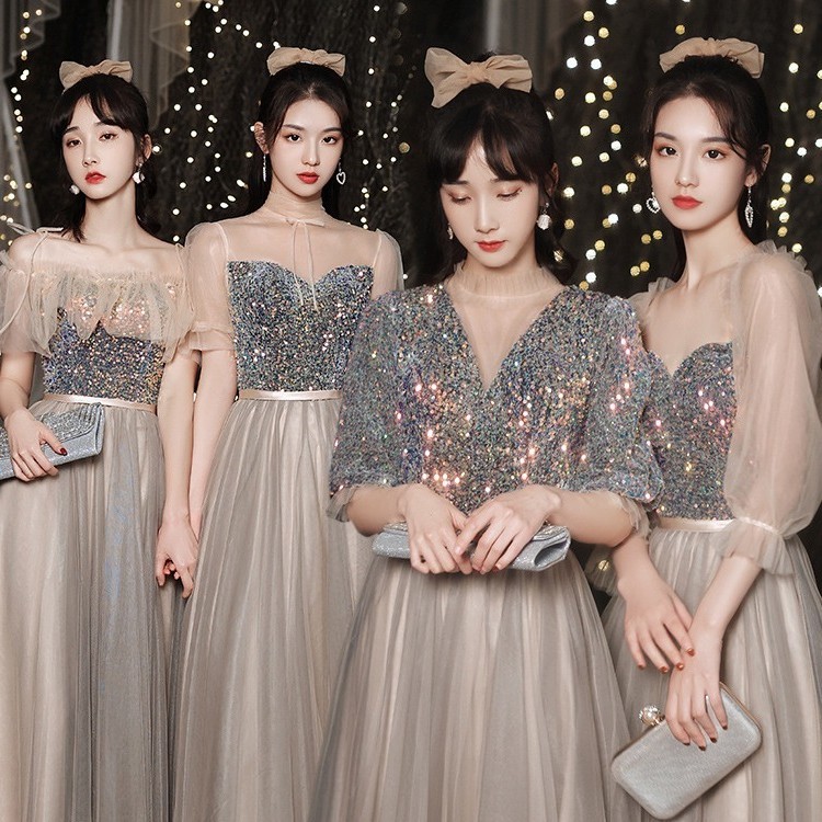伴娘女主持人小姐妹灰色高级众2025会晚礼服气质夏季合唱团年新款