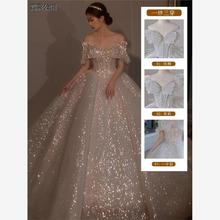 一字肩法式主婚纱2025新款新娘高级质感礼服重工奢华蝴蝶爆闪拖尾