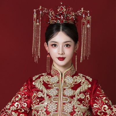 2021中式服饰品凤冠红色新娘秀禾服古风头饰秀禾发饰新款敬酒头饰