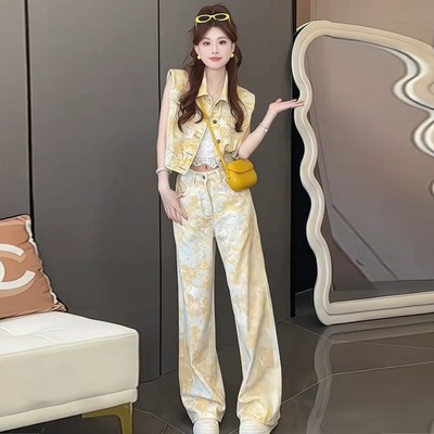 洋气显瘦时尚休闲无袖夏季马甲女士套装背心两件套时髦阔腿裤气质