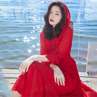 沙滩旅游度假真丝桑蚕丝连衣裙连帽防晒大摆长裙 超仙时尚 夏季 新款