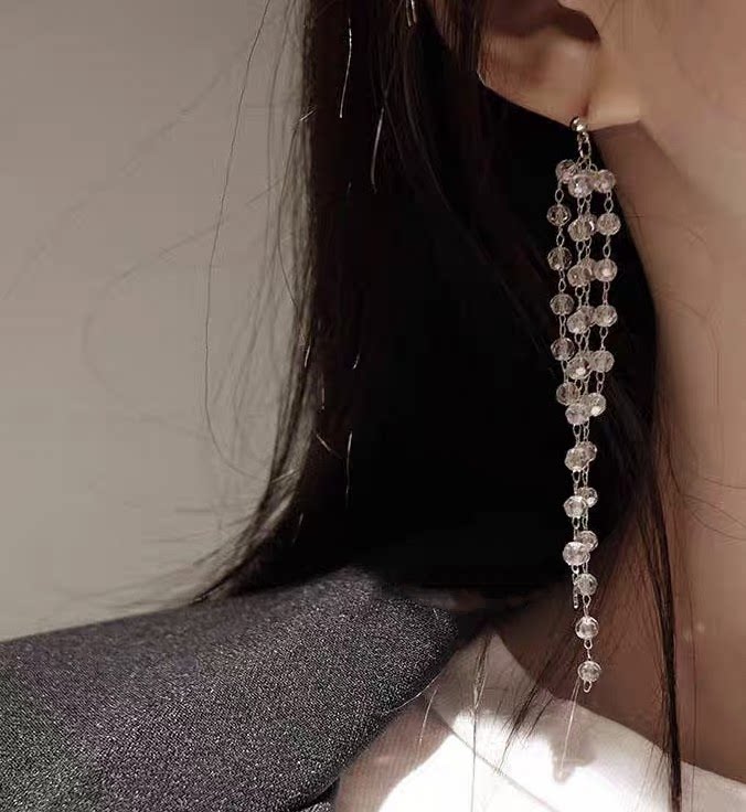 气质优雅韩国女神钻石长流苏吊坠耳环