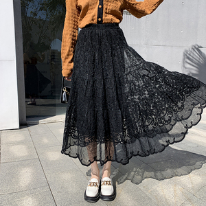 RM20591#刺绣蕾丝半身裙女2023秋季新款高腰显瘦a字裙秋中长款大摆仙女裙