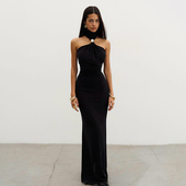 泰国潮牌女黑色修身 长裙包臀裙金属挂脖连衣裙名媛气质礼服晚礼服