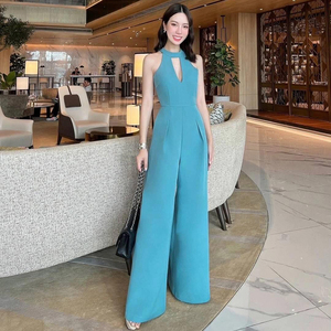 泰国潮牌女2024夏季新款气质名媛挂脖露背镂空高腰显瘦阔腿连体裤