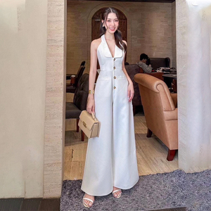 泰国潮牌女2025春夏气质名媛白色连体裤优雅高级感礼服显高阔腿裤