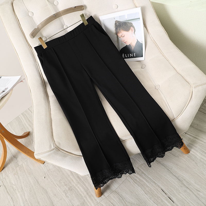 伊自尚2024年新款女装韩版大码胖mm春季薄款显瘦黑色蕾丝喇叭裤子