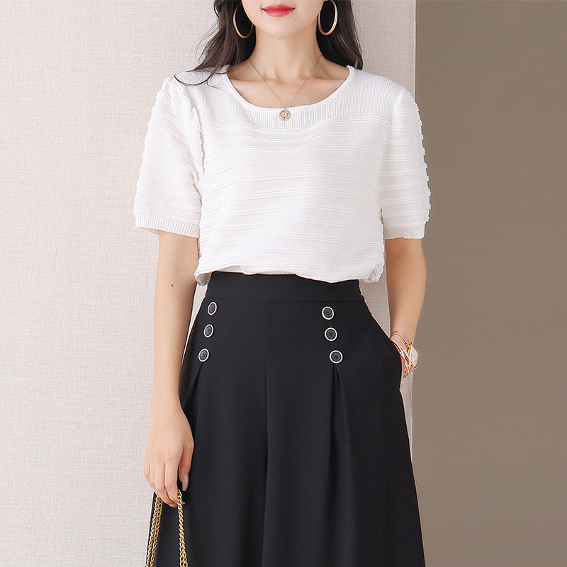 伊自尚2023年新款女装大码夏季针织短袖T恤胖mm宽松百搭短袖上衣