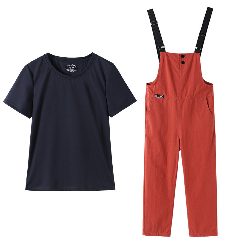 伊自尚大码女装2020年新款胖mm夏装显瘦短袖背带裤套装两件套洋气