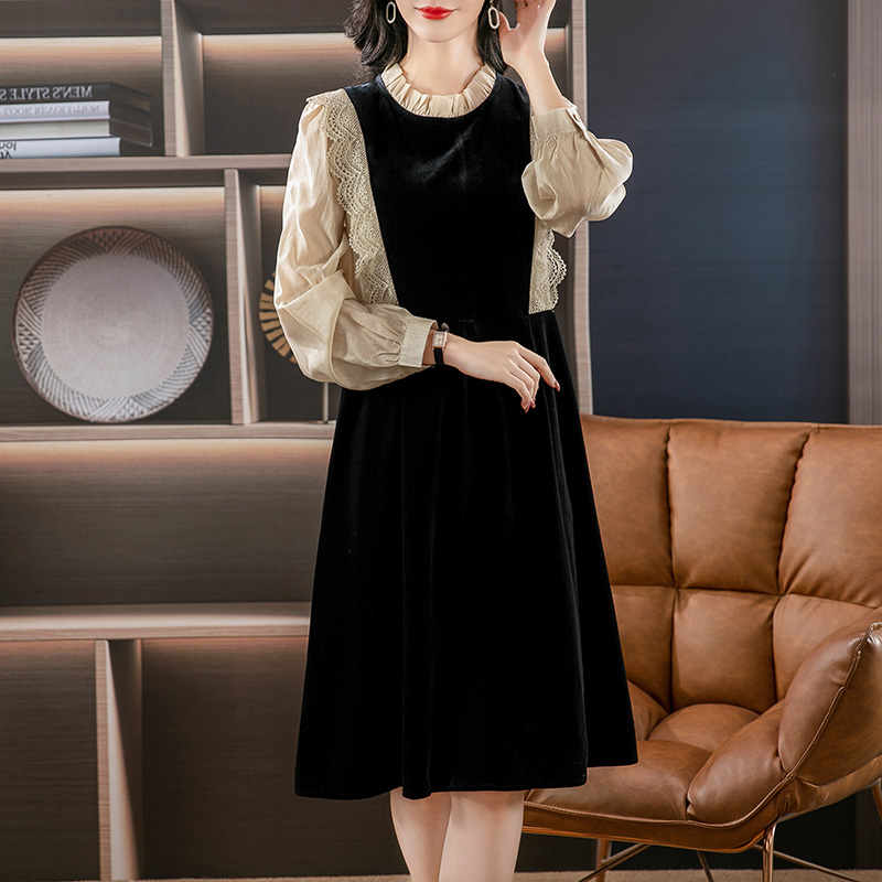 伊自尚2024年新款韩版大码女装春季气质收腰显瘦拼接连衣裙12678