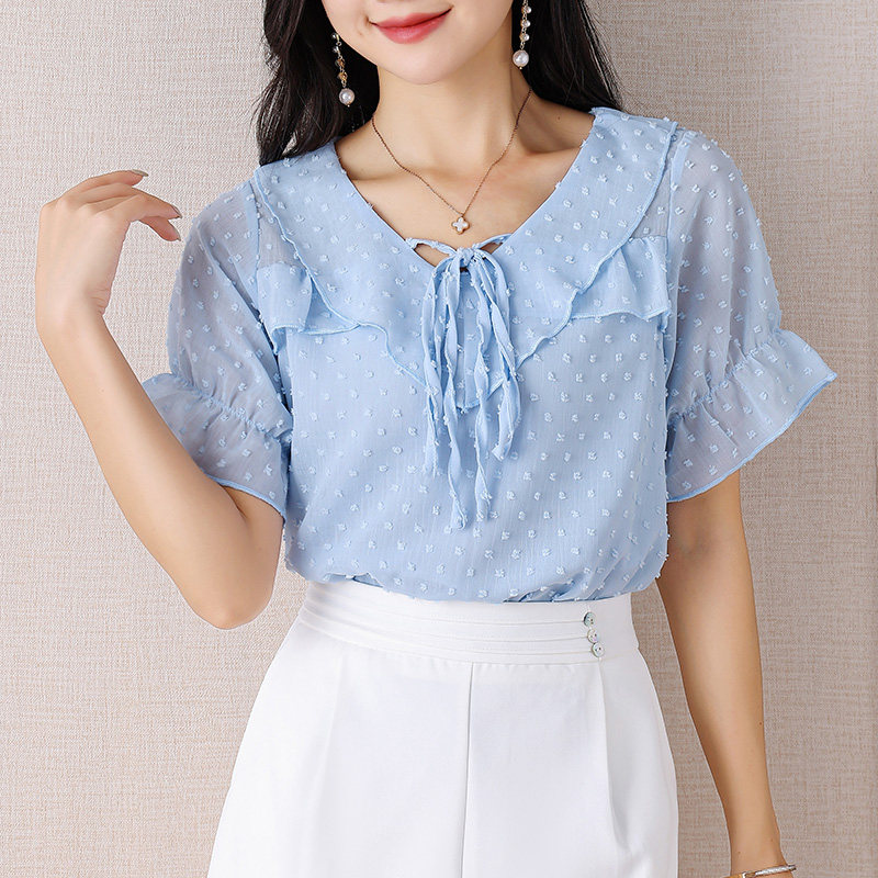 伊自尚2023年新款女装大码胖妹妹夏季韩版气质减龄纯色雪纺衫女潮