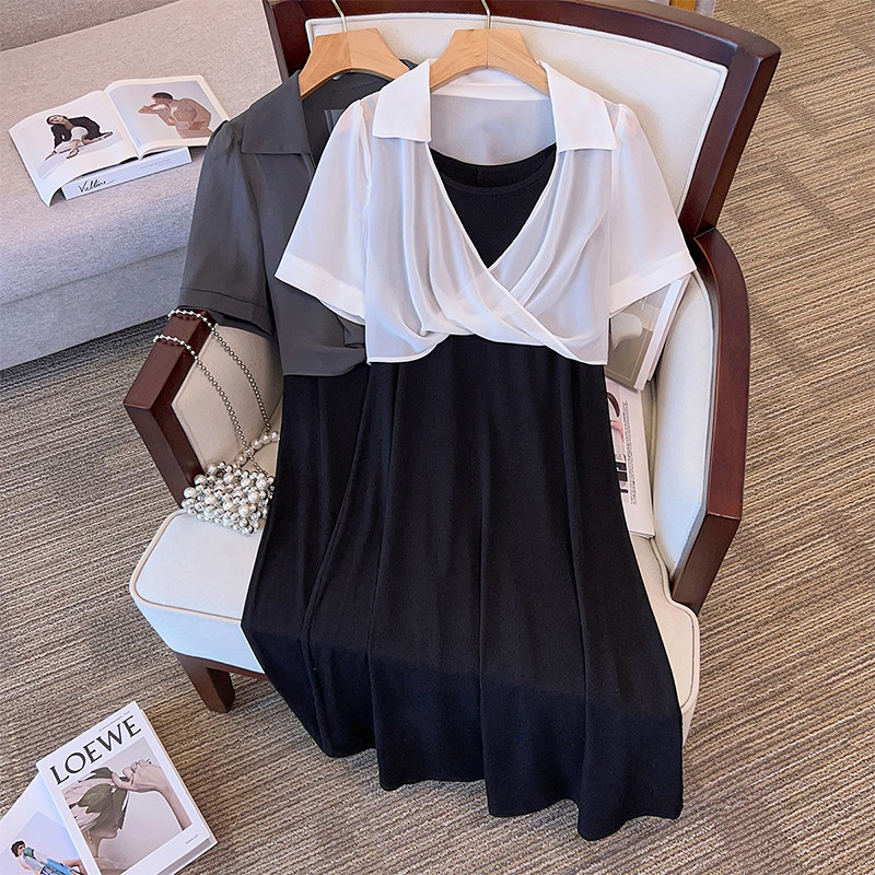 伊自尚胖mm夏季设计感扭结雪纺上衣连衣裙套装2023年新款大码女装