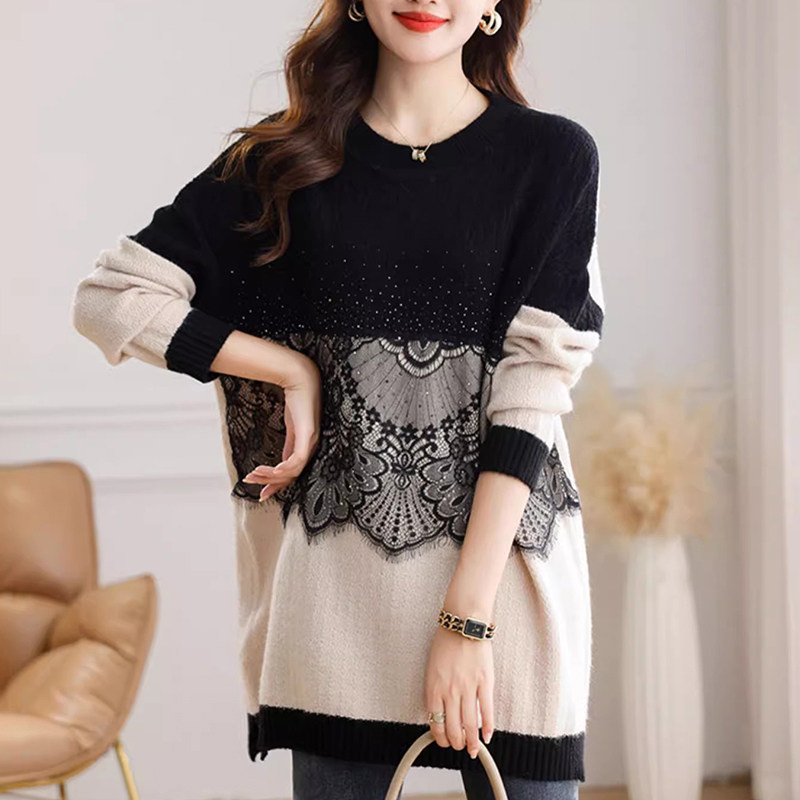 伊自尚2024新款韩版胖mm设计感蕾丝拼接显瘦打底衫中长款大码毛衣