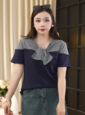 伊自尚夏季大码女装休闲极简风拼接显瘦上衣撞色短袖t恤14280