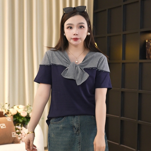 伊自尚夏季大码女装休闲极简风拼接显瘦上衣撞色短袖t恤14280