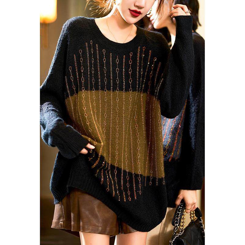 伊自尚2024年春季新款百搭上衣大码女装时尚烫钻拼接圆领毛衣女潮