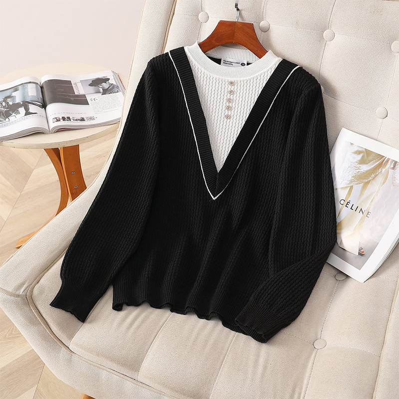 伊自尚2024年新款大码女装胖mm春季时尚洋气假两件V领撞色针织衫