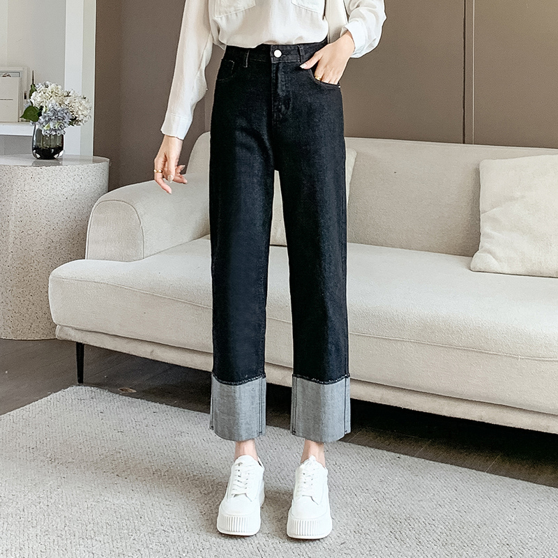 2024春季新款大码卷边直筒牛仔裤女高腰秋季新款显瘦烟管裤子百搭
