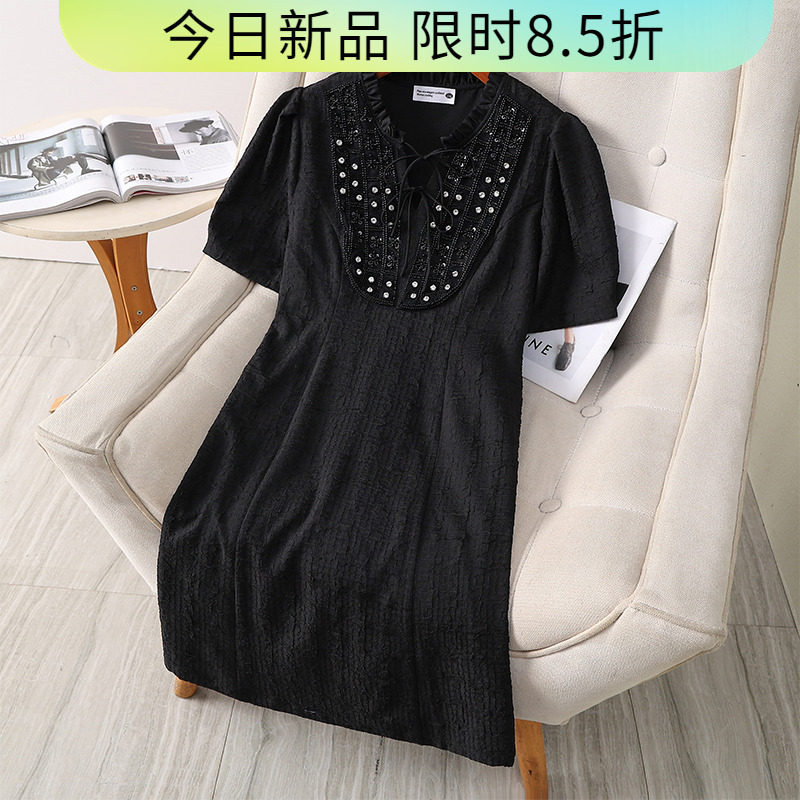 伊自尚大码女装夏季时尚显瘦宽松亮钻连衣裙2023年新款短袖裙子女