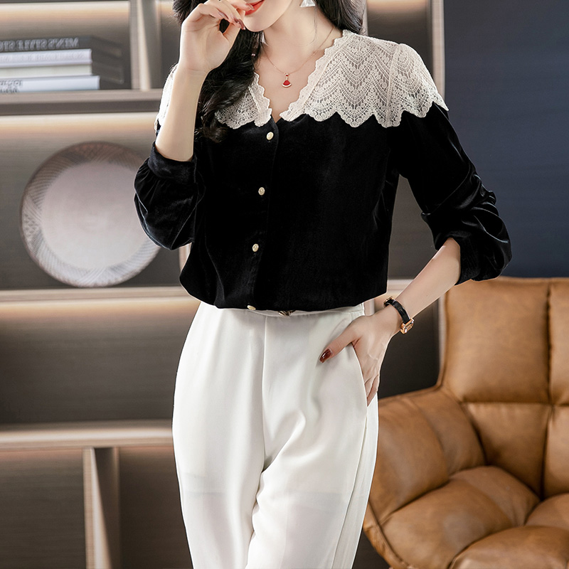 伊自尚2024年新款胖mm大码女装春季韩版气质时尚拼接显瘦蕾丝衫女