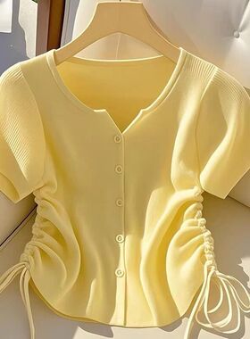 冰丝cc抽绳女hi潮短款好看针织短袖超夏季韩系黄色t恤上衣ins开衫