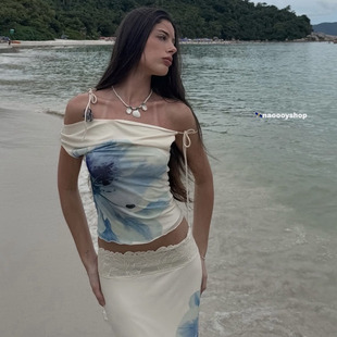 正品代购tigermist复古甜辣蓝色花朵白蕾丝系带溜肩上衣长裙套装