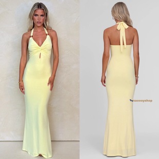正品代购tigermist慵懒黄色褶皱海滩度假挂脖系带露背连衣裙