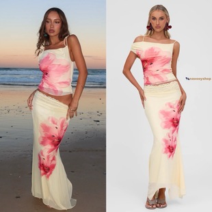 正品代购tigermist复古富贵花粉色奶油色蕾丝吊带包臀长裙套装