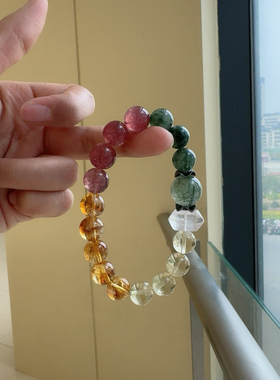 天然水晶多宝串 草莓晶 绿发晶 白水晶双尖 黄塔晶 柠檬黄水晶