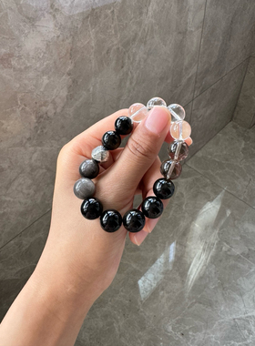 天然水晶多宝手链 白水晶 茶水晶 金运石 银耀石 颗颗效应12mm