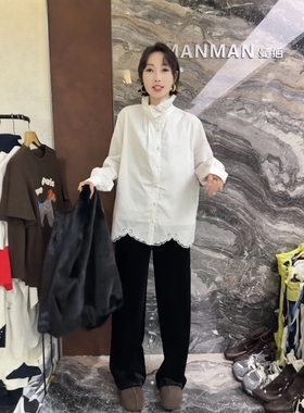 欧洲站2025秋冬新款蕾丝花边领加绒加厚镂空刺绣白色衬衫上衣女潮